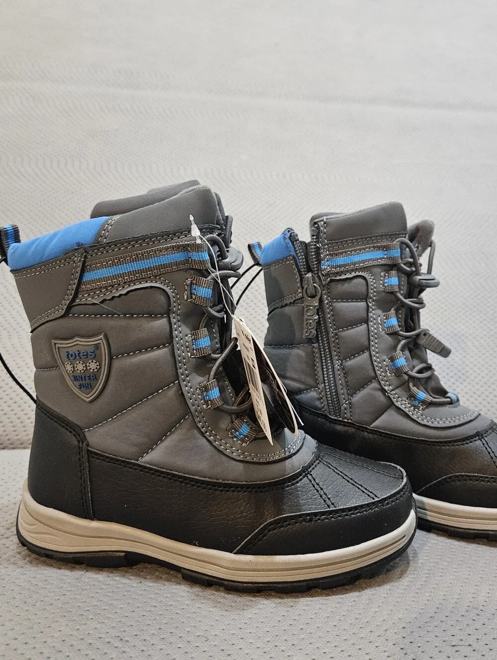 Totes Kids Waterproof Winter Boots - Gray with Blue Accents
